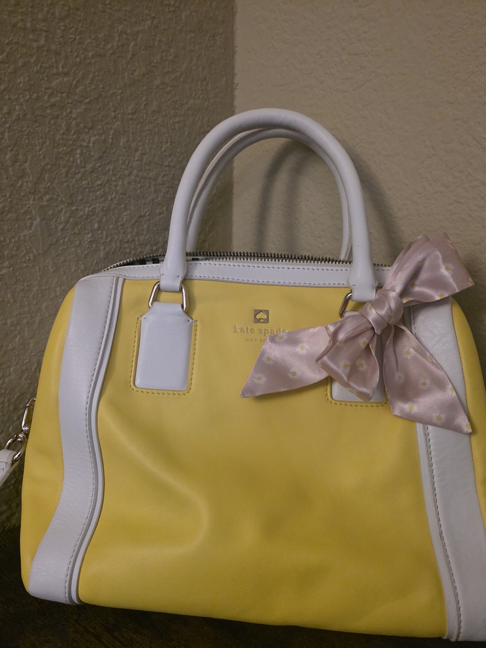 kate spade Yellow and White Leather Dome Satchel with Pink Bow